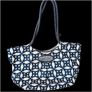 Brighton Blue White Embroidered Shoulder Bag Double Handle Braided Leather